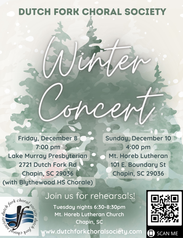 Dutch Fork Choral Society Winter Concert poster showing stylized pine trees in the background with details of the concerts which are also available on the website.
